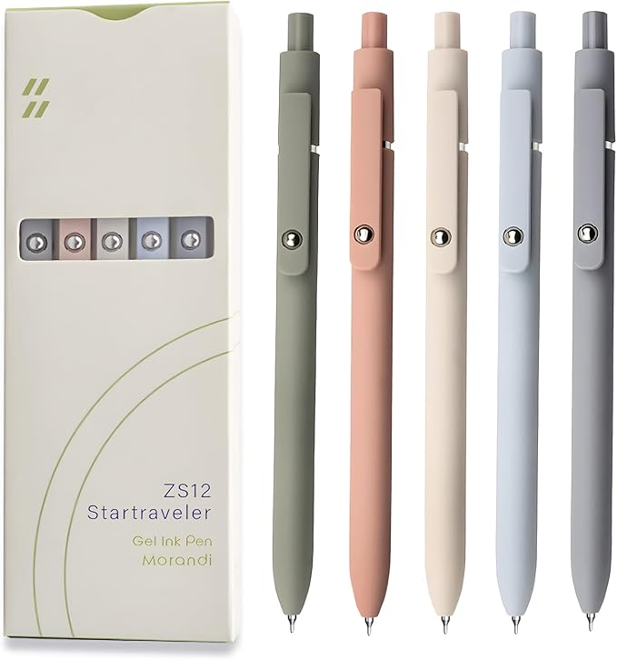 Five gel pens in earth tones laying next to each other.