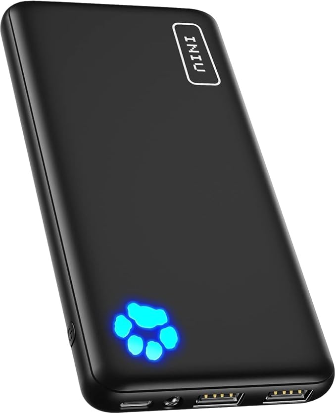 Black power bank with blue dog paw on it.