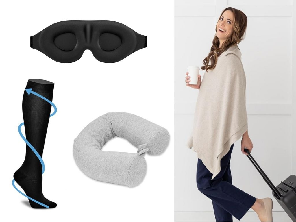 Sleeping mask, travel scarf, compression socks, carry-on bag essentials