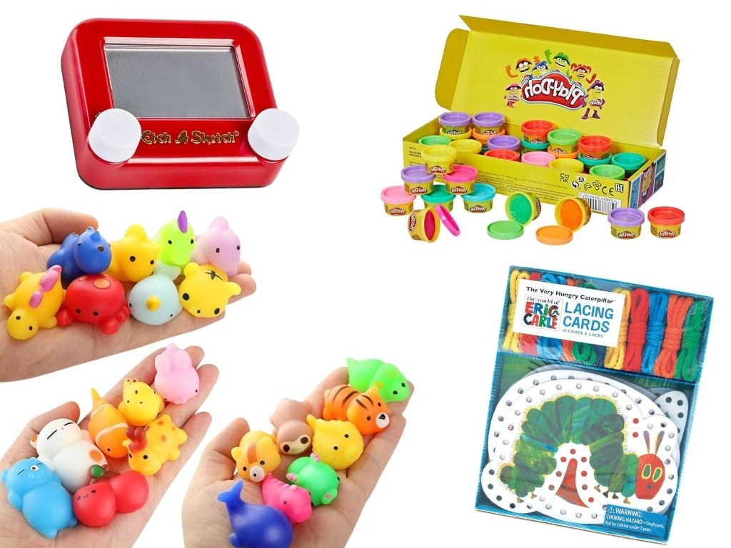 Red magnetic drawing board, pack of play dough, colorful little squishy toys and a lacing card with a caterpillar.