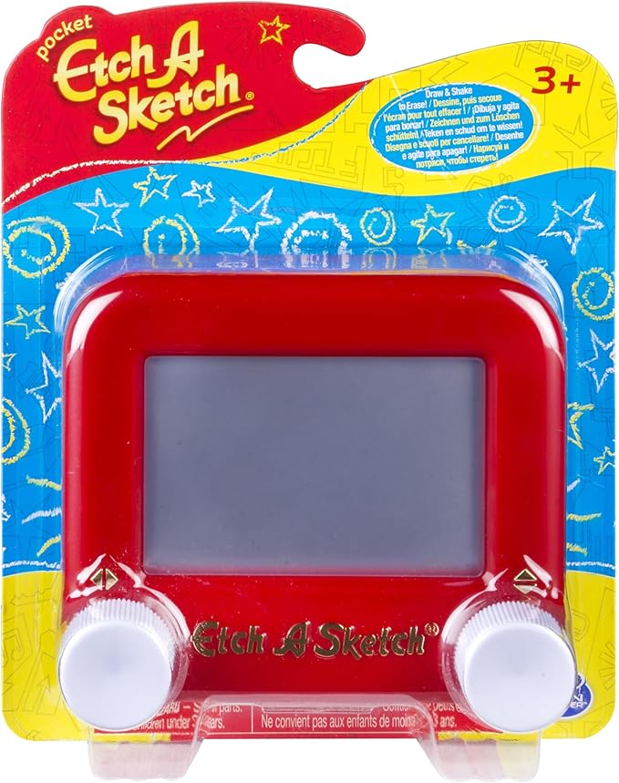 Red Etch a Sketch board with two white buttons.