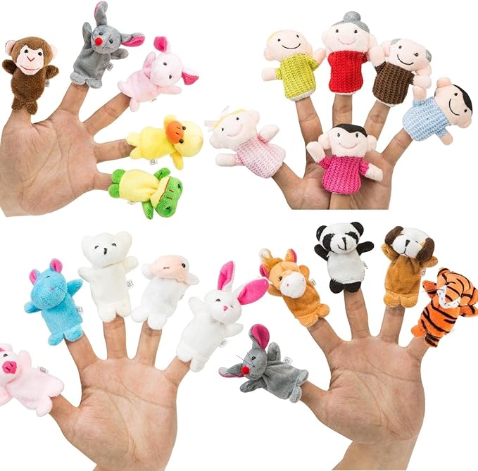 A group of colorful finger puppet toys.