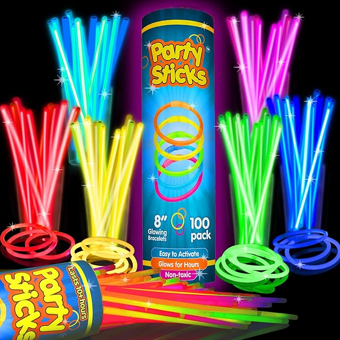 Two boxes of glow sticks in multiple colors.