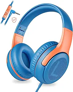 Blue kids over ear headphones with orange features.