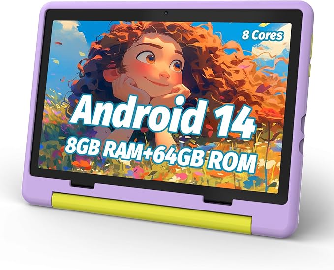 Purple kids tablet with yellow features.