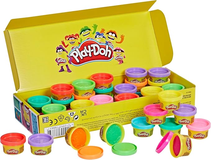 A yellow box full of mini play-do tins.
