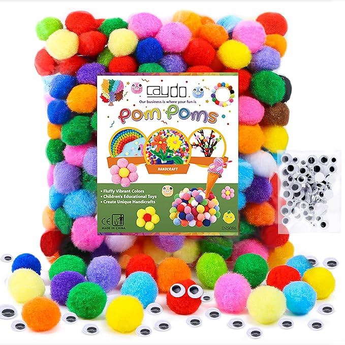 A bag full of colorful pom poms.
