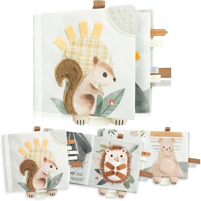 A soft fabric book with a squirrel.