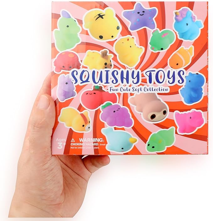 A hand holding a box with little squishy toys.