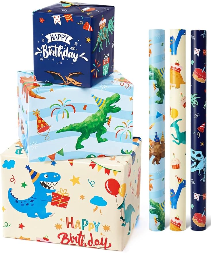 Rolls of Wrapping Paper with dinosaur print.