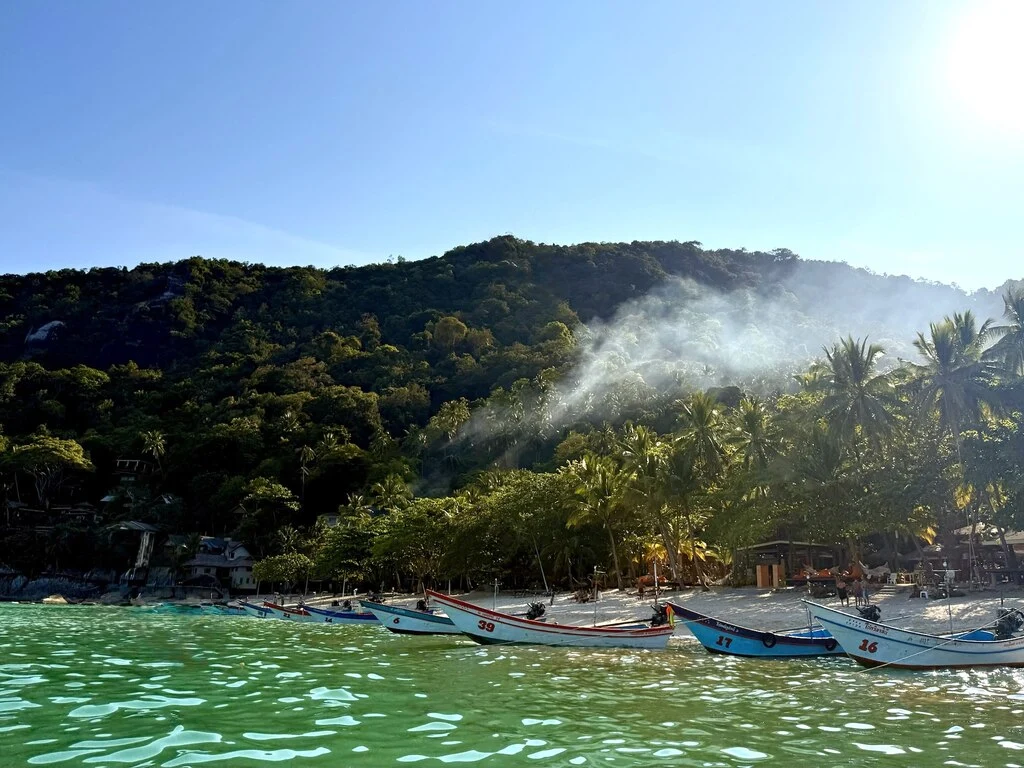 Guide to the Best Koh Phangan Beaches in 2025 8 Boats on a beach with trees and a hill in the background.