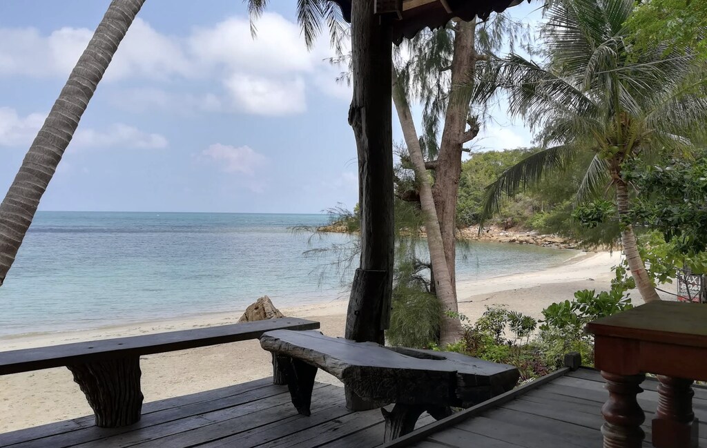 Beach view from a wooden bungalow.