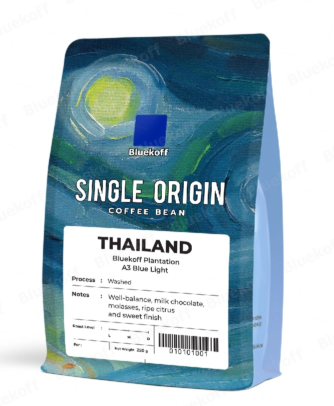 Blue bag of coffee beans. Thailand Coffee Brands