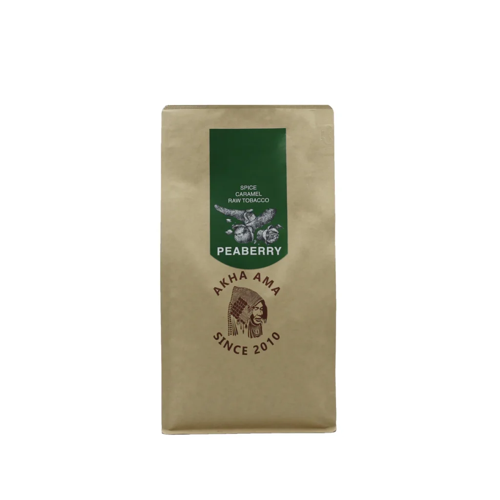 A brown bag of coffee beans with a green label.