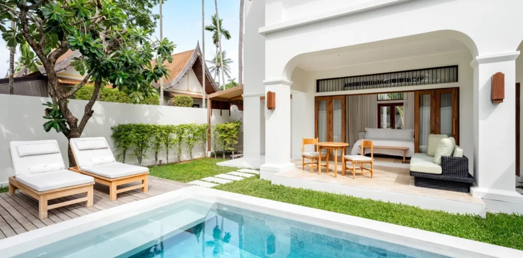 A private pool villa with a little garden.