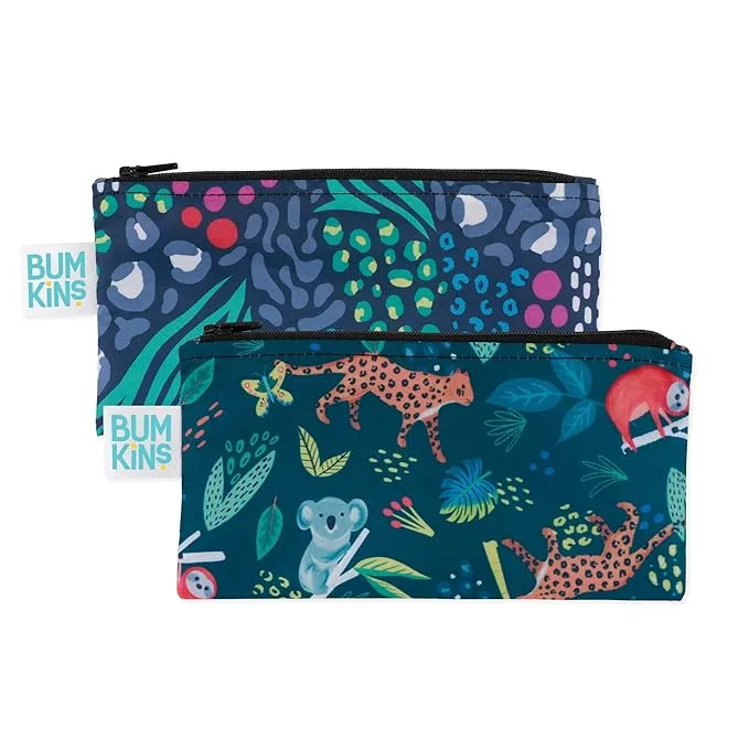 Two colorful bags with animals on them.