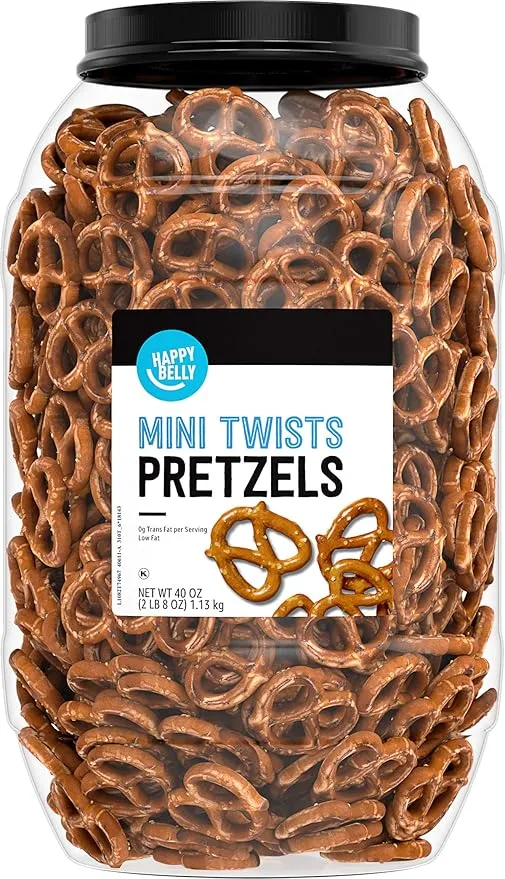 A plastic container of pretzels.