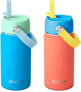 A couple of colorful water bottles.