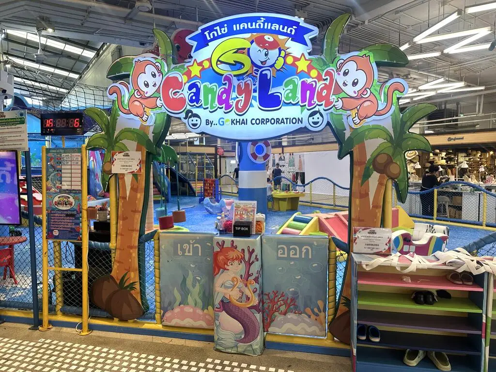 Top 10 Indoor Playgrounds in Koh Samui – Rainy Day Tips 23 A sign with cartoon characters and a play area.