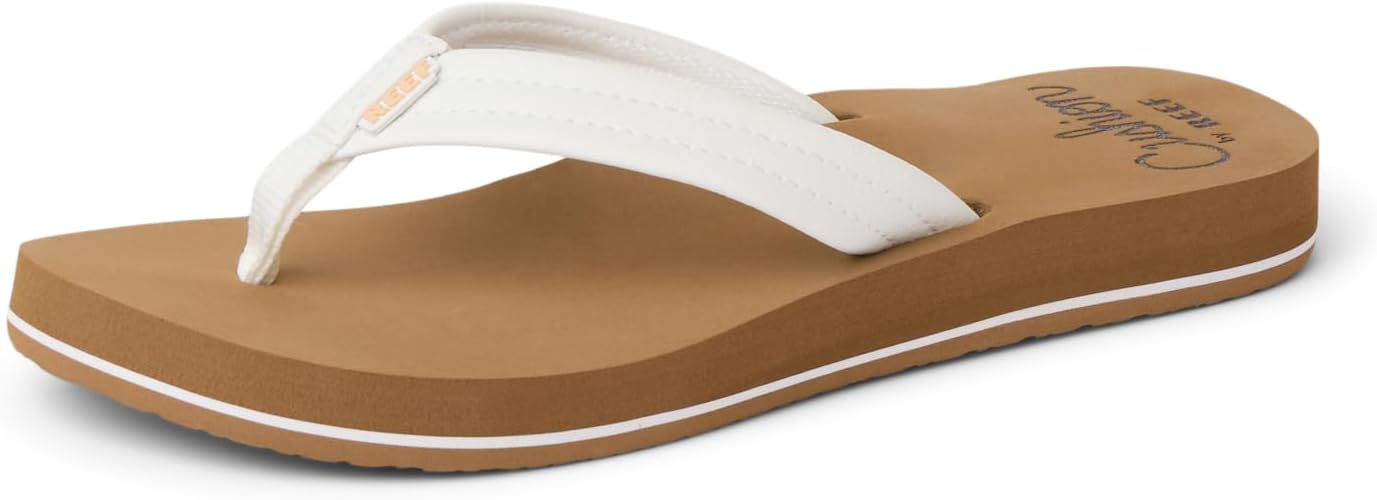 A brown and white sandal.