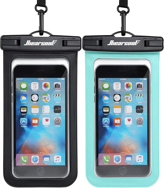 A pair of cell phones with waterproof cases.