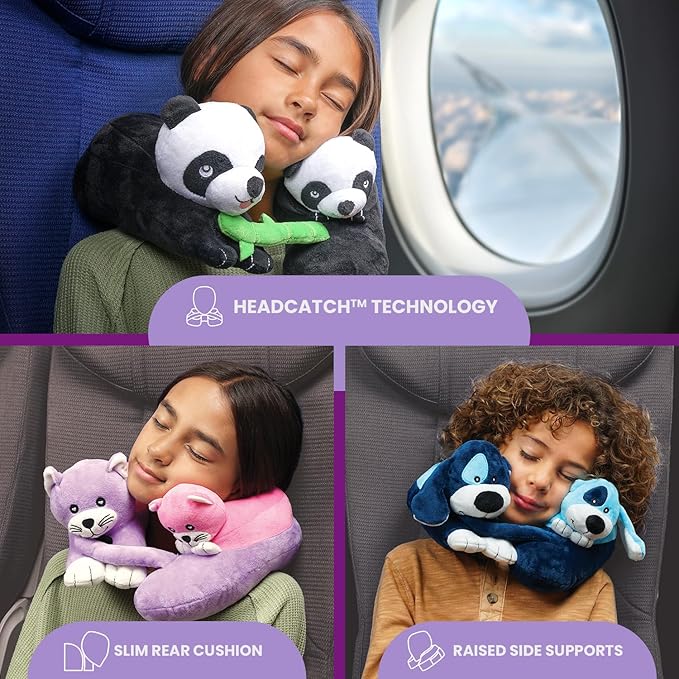 The 5 Best Travel Pillows for Kids in 2025 11 A collage of images of a girl sleeping with stuffed animals.