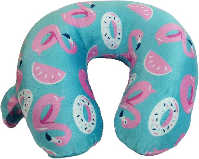 The 5 Best Travel Pillows for Kids in 2025 17 A blue neck pillow with pink flamingos on it.