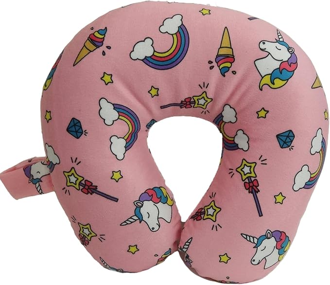 The 5 Best Travel Pillows for Kids in 2025 15 A pink neck pillow with unicorns and rainbows.