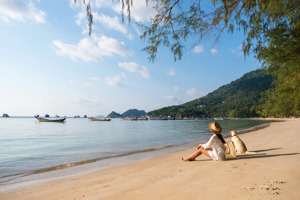 A woman sitting on a beach with a dog.