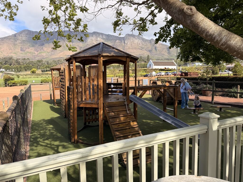 Wooden playground with mountain view.