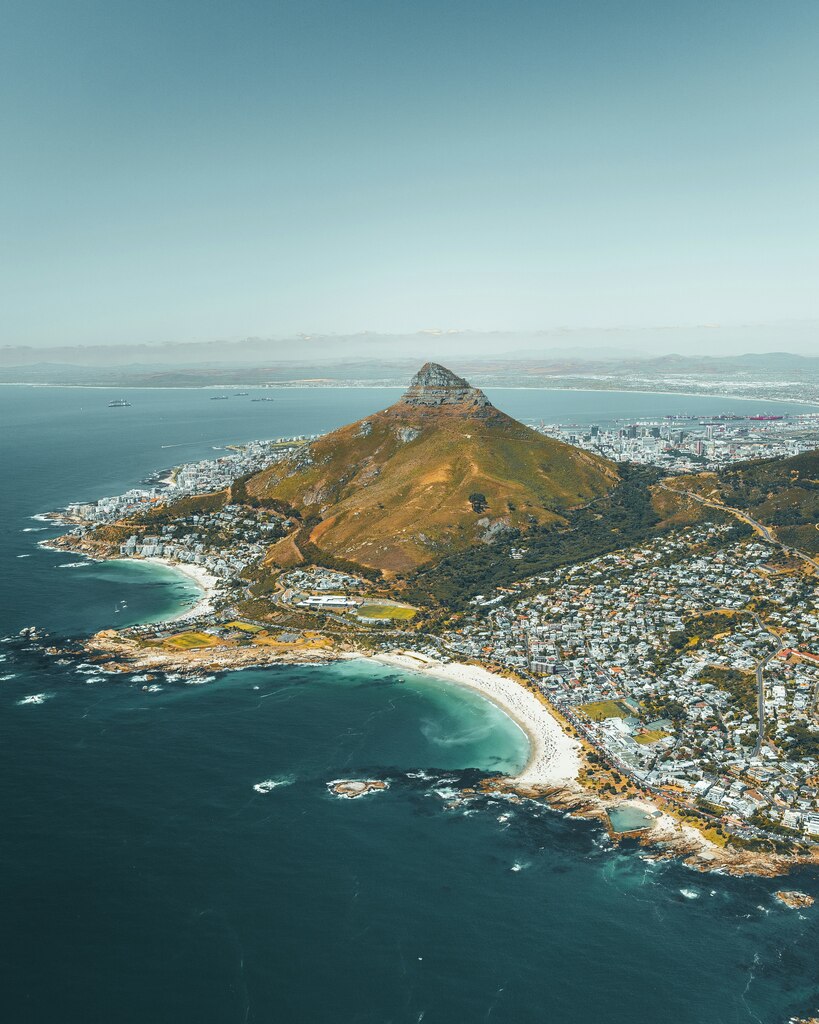 Aerial view of coastal mountain landscape.