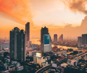 Skyline of Bangkok in Thailand at sunset time